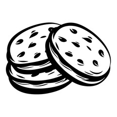 A stack of three delicious chocolate chip cookies in black and white art