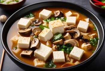 There is a bowl of soup with tofu and mushrooms