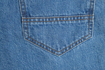 Close up of the shape and stitching pattern on the back pocket of blue jeans. Copy space for text....