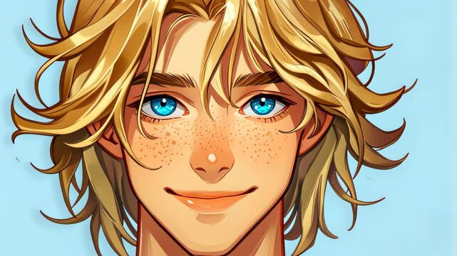 Cheerful anime guy with blonde hair, bright smile, set against a simple, clean backdrop for a lively vibe.