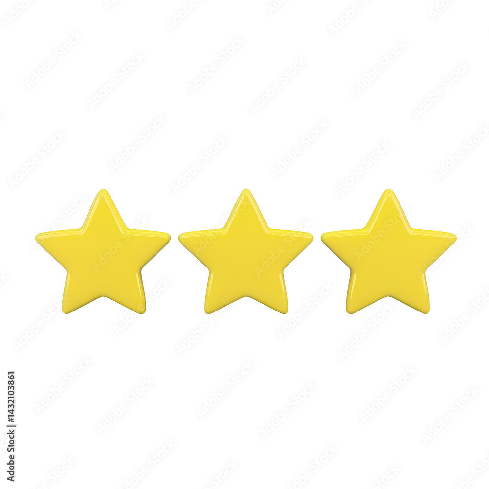 Poster three yellow stars are aligned in row against transparency background, symbolizing rating or quality