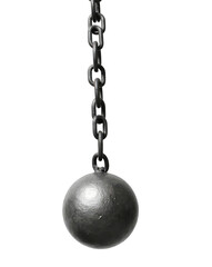 A heavy iron wrecking ball hangs from a thick chain against a transparent background.