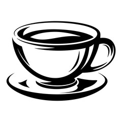 A simplistic black and white drawing of a cup and saucer image