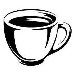 Elegant black and white illustration of a coffee cup filled with coffee