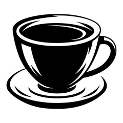 Elegant black and white coffee cup and saucer, simple vector graphic