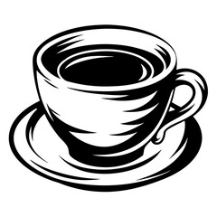 Stylized monochrome illustration of a coffee cup and saucer with hot coffee