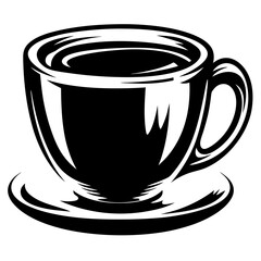 Monochromatic Vector Illustration of a Coffee Cup with Saucer Isolated on White