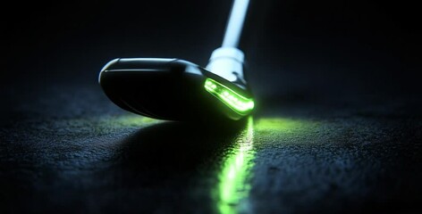 Close-up of a modern golf club with illuminated grooves on a reflective surface, showcasing technology - Powered by Adobe