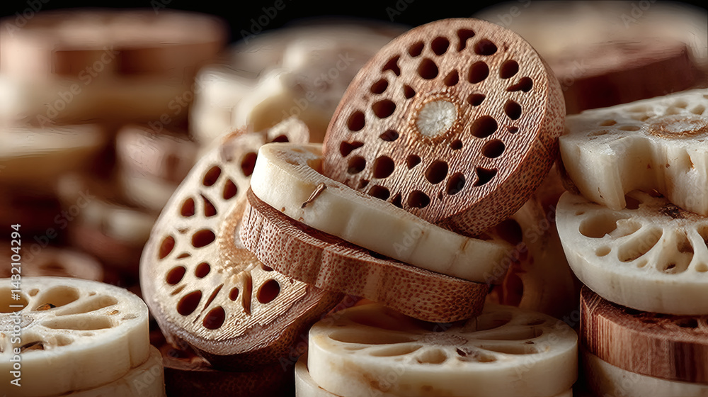 Aufkleber natural lotus root slices with unique patterns on dark background
