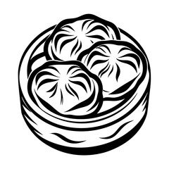 Stylized monochromatic illustration of a bamboo steamer basket filled with dumplings