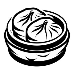 Stylized Black and White Illustration of Steaming Hot Asian Dumplings in a Basket
