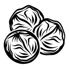 Graphic black and white image of three prunes against a white background