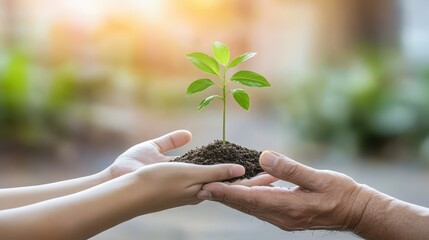 A tender exchange of soil and a young plant between hands.