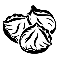 Three dumplings in monochrome black and white, representing Asian cuisine art
