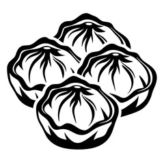 Monochrome illustration of four stylized dumplings on a white background, flat vector