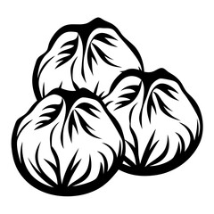 Three Steamed Chinese Buns in Striking Black and White Vector Illustration