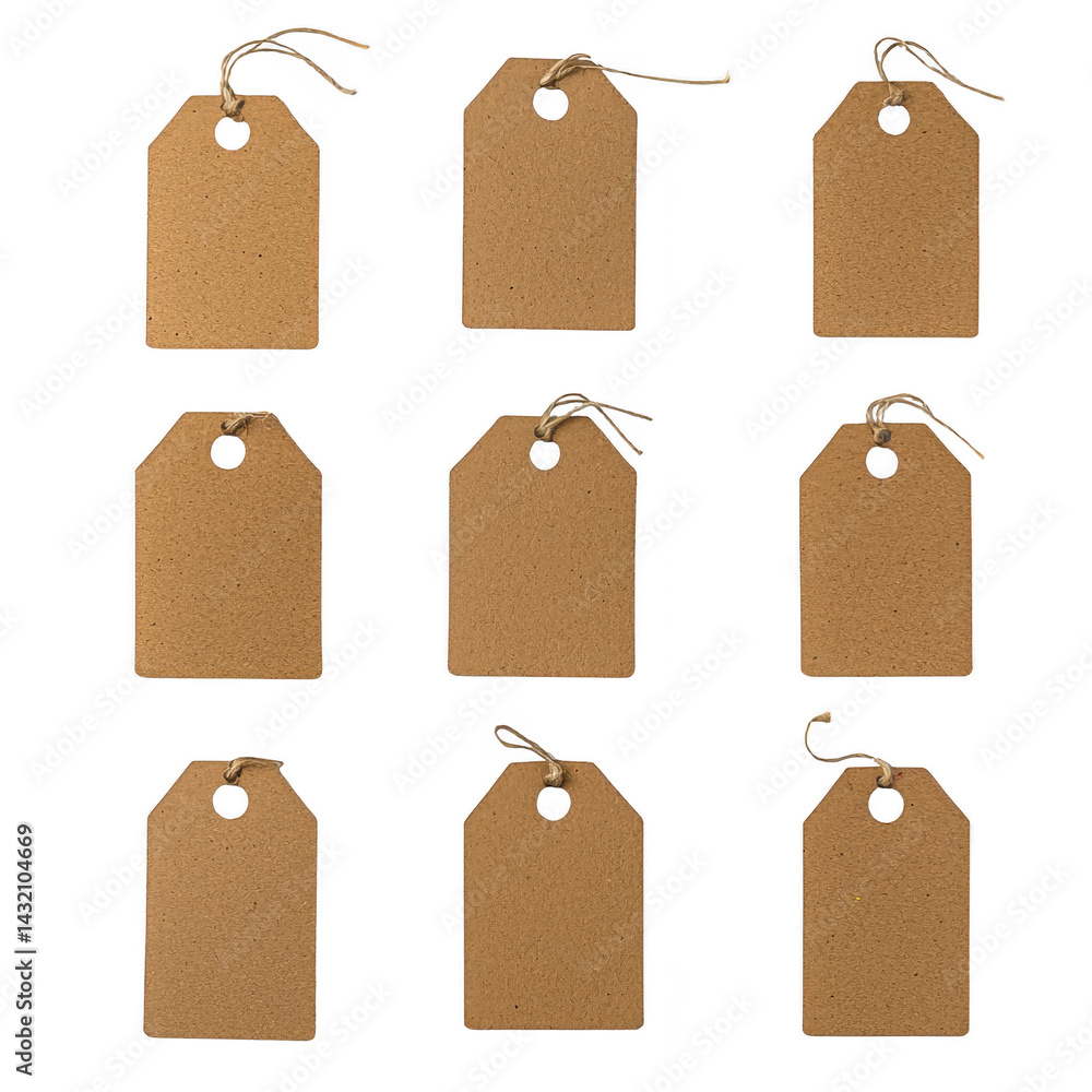 Poster nine blank brown paper tags with strings are arranged in grid on transparency background, perfect fo