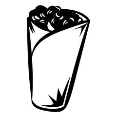 Black and white burrito illustration of delicious Mexican style wrap food