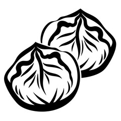 Black and white illustration of two stylized dumplings or bao buns stacked