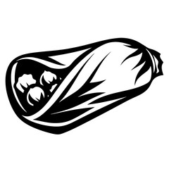 Monochrome illustration of a delicious burrito or wrap with visible filling