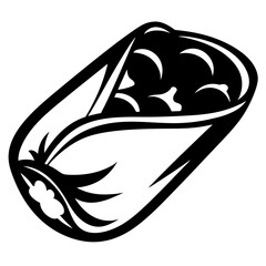 Monochrome illustration of a delicious burrito with visible filling and abstract style