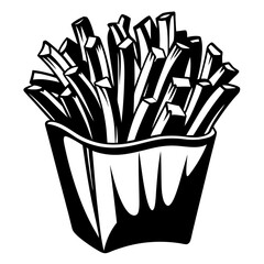 Monochrome vector illustration of french fries in a paper cup overflowing