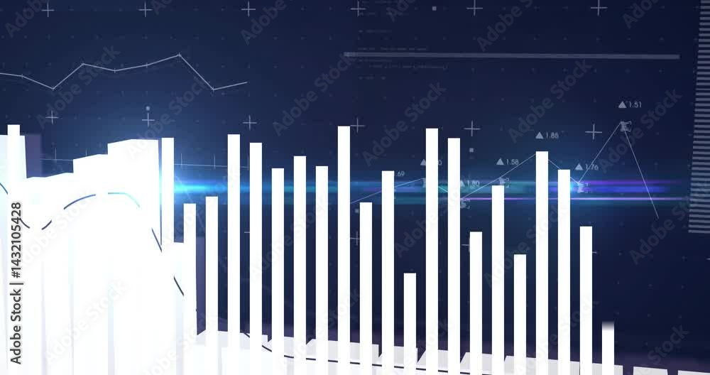 Poster white 3d bars rising across grid with neon blue flare while line graph weaving through crosshairs