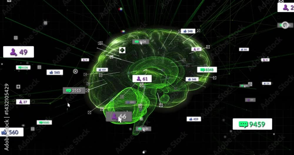 Poster 3d-rendered green wireframe brain hovering over grid backdrop, showing social media ui elements