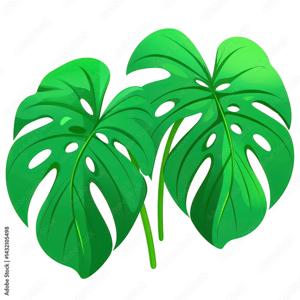 Poster two vibrant green monstera leaves with distinctive holes and splits create tropical and lush appeara