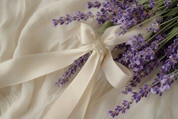 Delicate cream fabric adorned with a lavender bouquet and ribbon.
