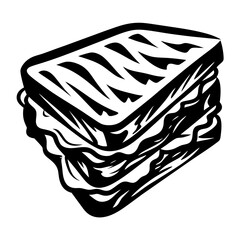 Black and white illustration of a triple decker sandwich with fillings