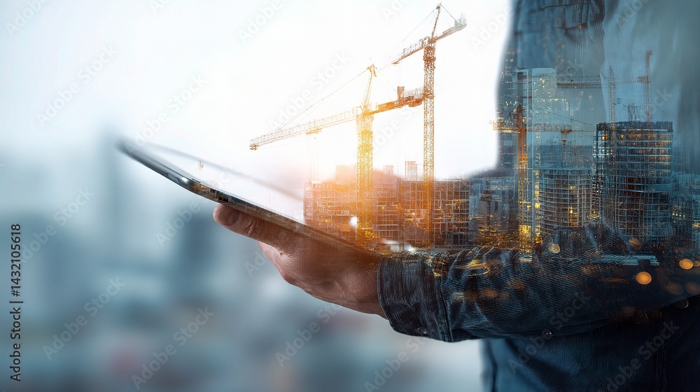 Poster architect using tablet to view urban map for construction planning