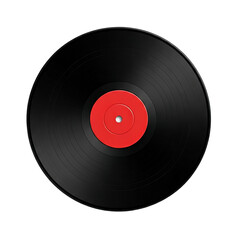 A black vinyl record with a red label is displayed against a transparent background, showcasing its concentric grooves and central hole.