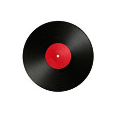 A black vinyl record with a red label on a transparent background, perfect for music-themed designs or nostalgic projects.