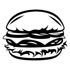 Stylized Black and White Burger Illustration with Detailed Vegetable Layers