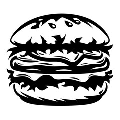 A stylized black and white illustration of a delicious and juicy burger