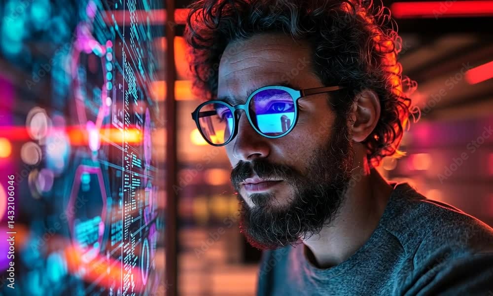 Aufkleber focused individual analyzing digital data on a futuristic interface in a vibrant tech environment