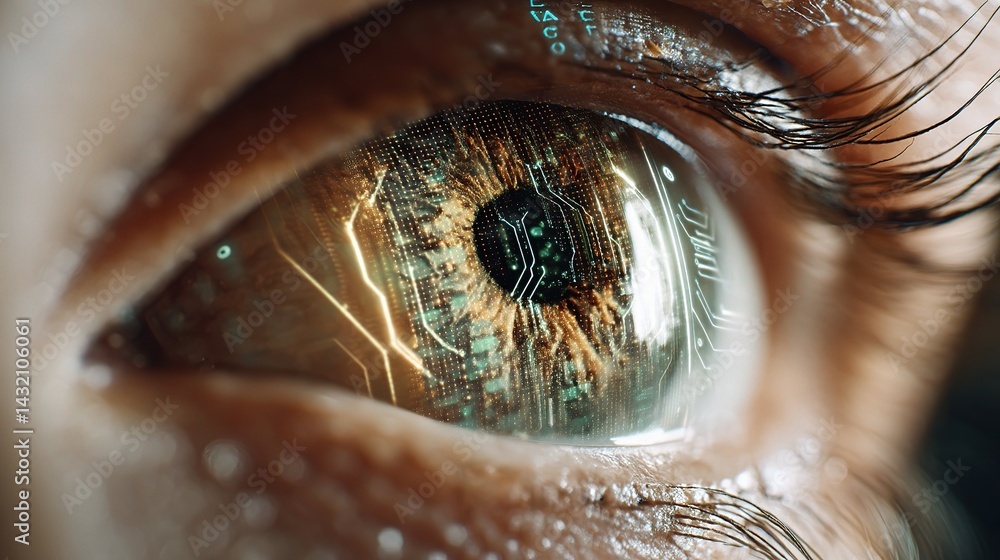 Poster close-up view of biometric eye scan with glowing iris and ai elements