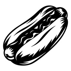Stylized Hot Dog Illustration in Black and White with Artistic Details