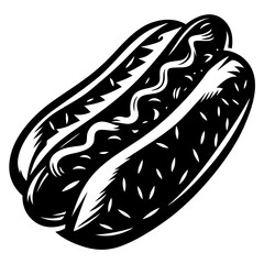 A stylized black and white vector illustration of a tasty looking hotdog