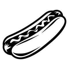 Bold and simple black and white vector illustration of a hot dog