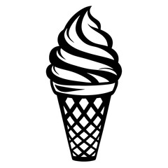 Monochrome ice cream cone illustration with swirled soft serve and waffle cone