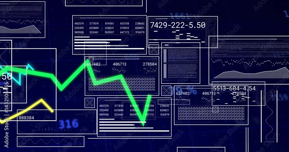 Poster overlaid ui panels being displayed in tech dashboard scene with neon green and yellow line graphs