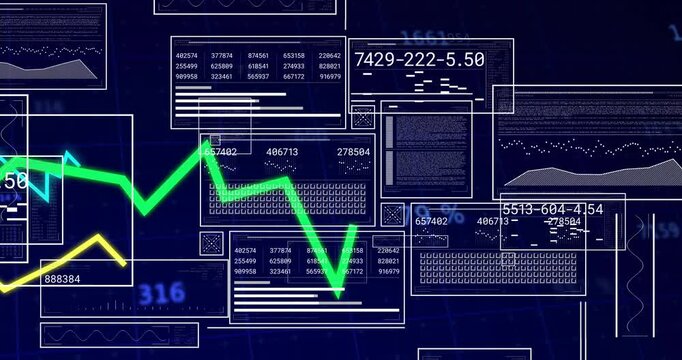 Overlaid UI panels being displayed in tech dashboard scene with neon green and yellow line graphs