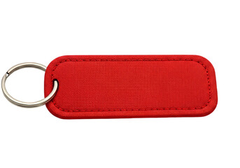 A red rectangular keychain with a metal ring, featuring a textured fabric surface and visible stitching, set against a transparent background.