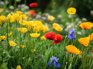 Fototapeta premium Vibrant wildflowers in a meadow burst with color.