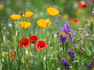 Obraz premium Vibrant wildflowers in a meadow bursting with color.