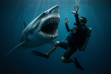 Terrified scuba diver encounters a massive shark with open jaws in a dramatic underwater scene, capturing danger and marine survival.