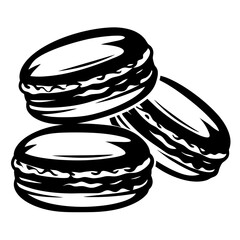 Monochrome illustration of three stacked macarons, a French confection, dessert, sweet