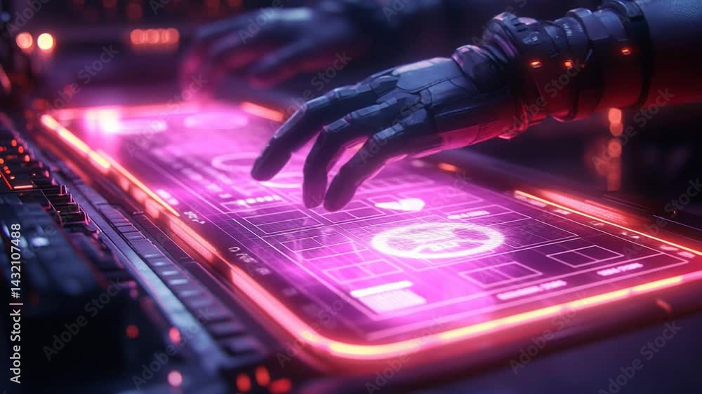 Aufkleber futuristic cybernetic hands interacting with a glowing holographic interface in a tech environment
